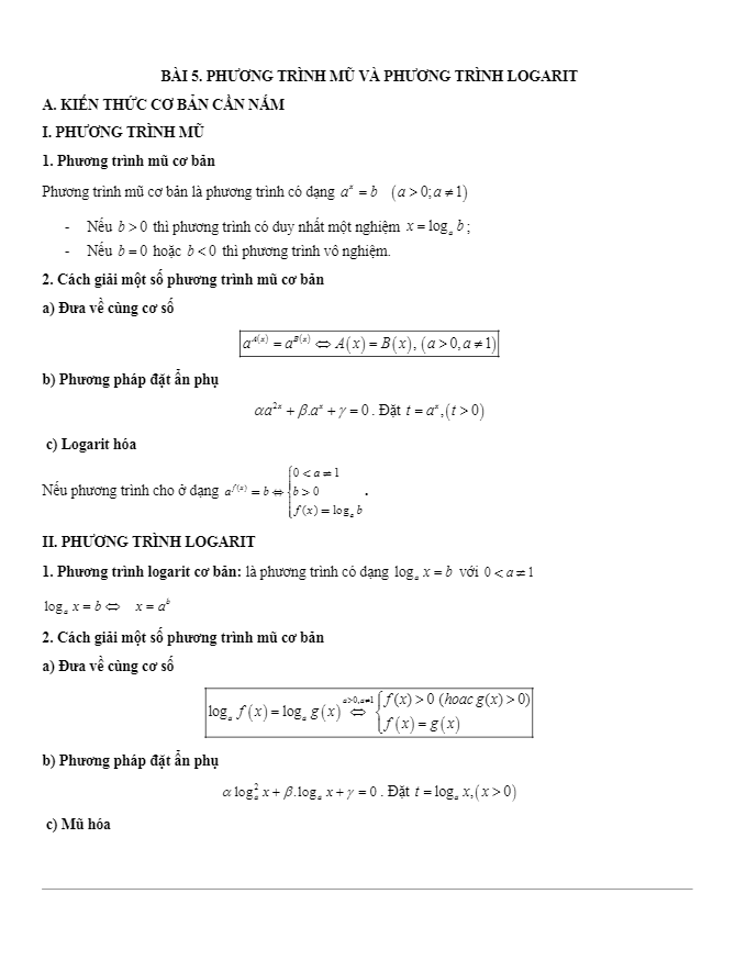 các dạng bài tập vdc phương trình mũ và phương trình lôgarit