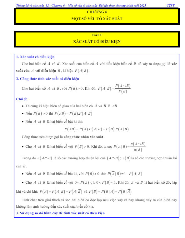 các dạng bài tập xác suất có điều kiện toán 12 ctst