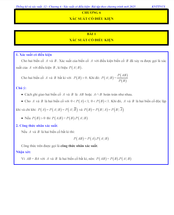 các dạng bài tập xác suất có điều kiện toán 12 knttvcs