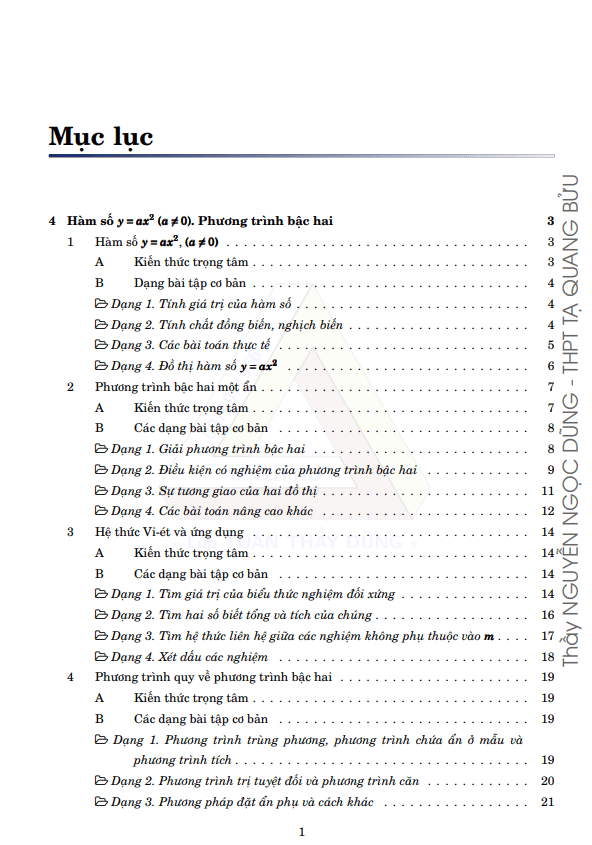 các dạng toán hàm số $y = a{x^2}$ $(a \\ne 0)$, phương trình bậc hai một ẩn