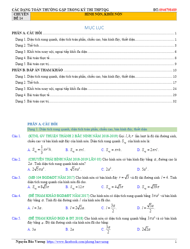 các dạng toán nón – trụ – cầu thường gặp trong kỳ thi thptqg