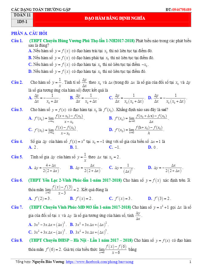 các dạng toán trắc nghiệm đạo hàm thường gặp – nguyễn bảo vương