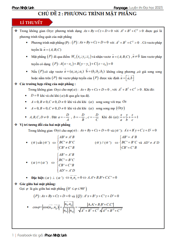 chủ đề phương trình mặt phẳng ôn thi tốt nghiệp thpt môn toán