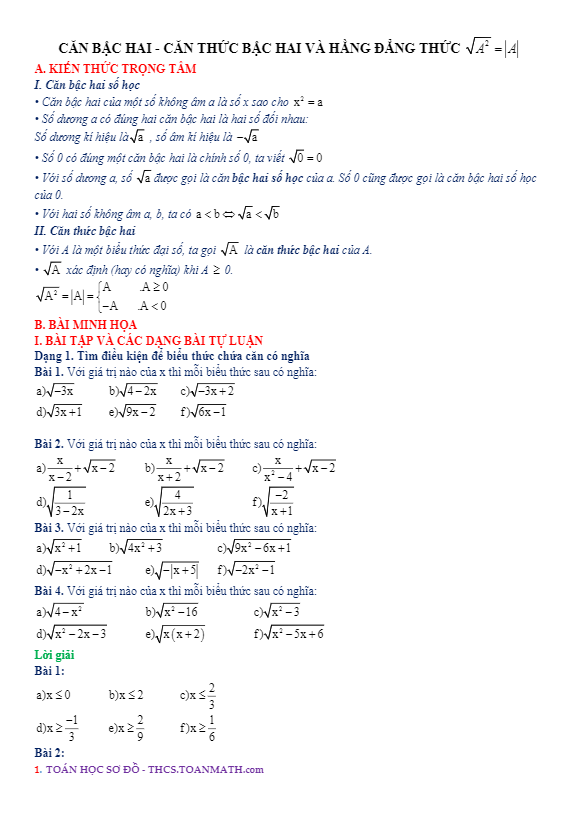 chuyên đề căn bậc hai, căn thức bậc hai và hằng đẳng thức $\\sqrt {{a^2}} = \\left| a \\right|$