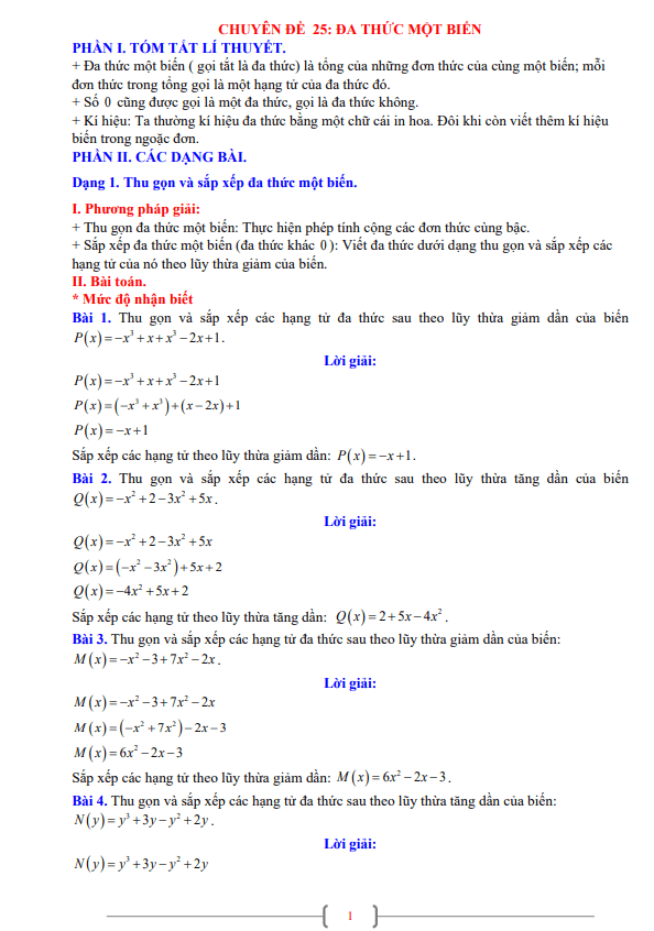 chuyên đề đa thức một biến toán 7