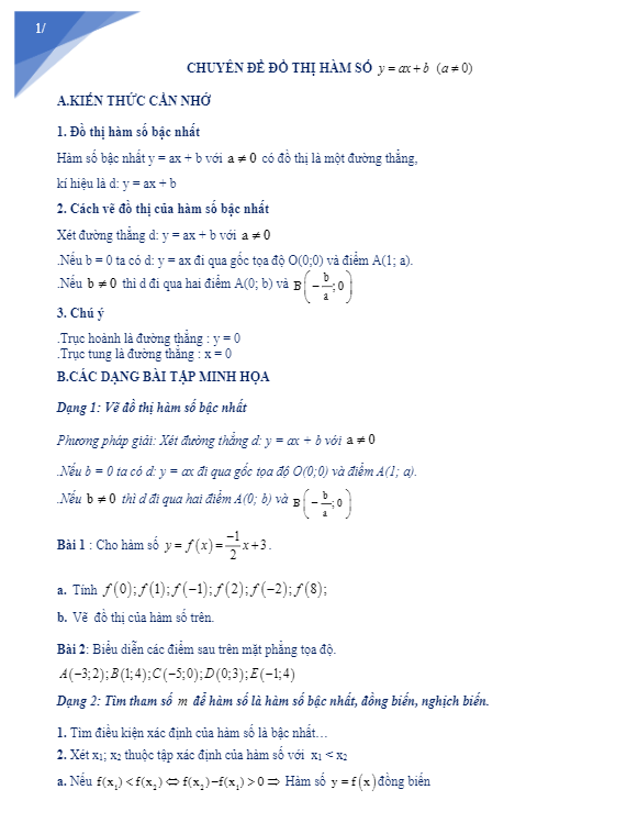 chuyên đề đồ thị hàm số y = ax + b (a khác 0)