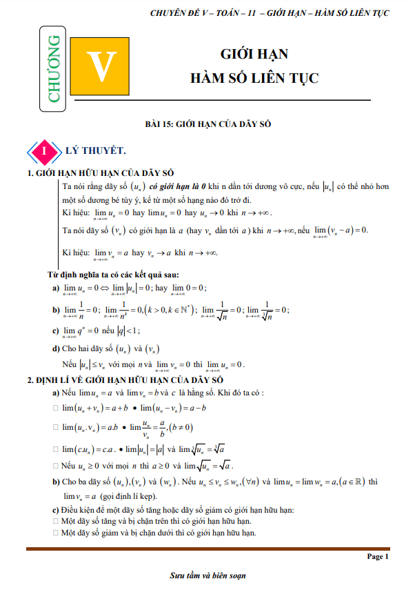 chuyên đề giới hạn, hàm số liên tục toán 11 knttvcs