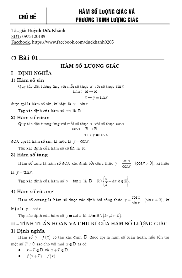 chuyên đề hàm số lượng giác và phương trình lượng giác – huỳnh đức khánh