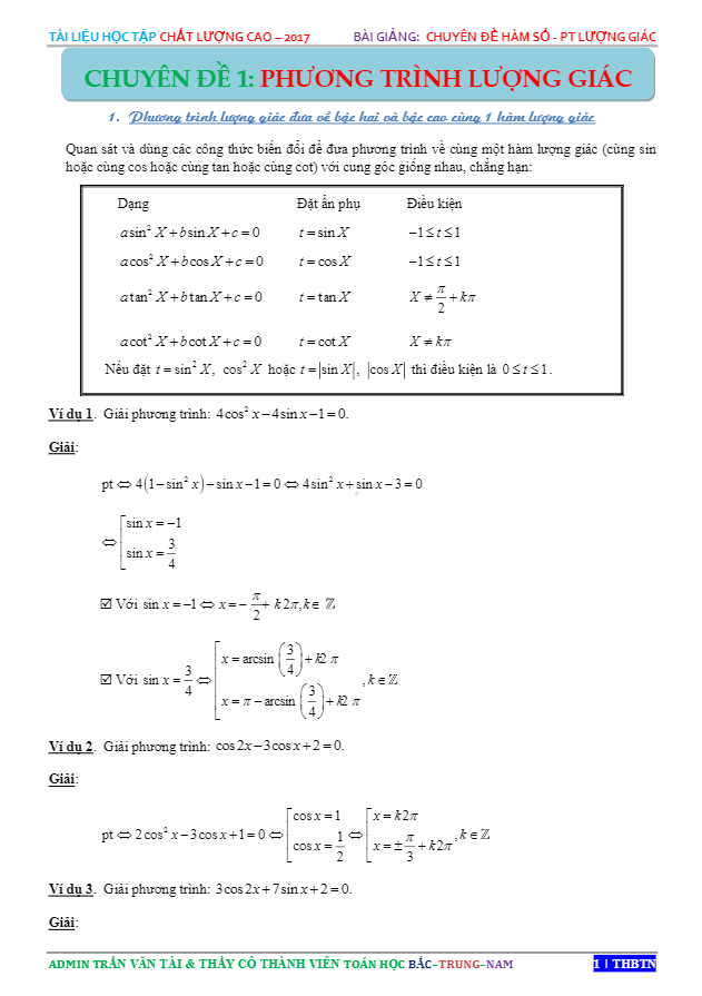 chuyên đề hàm số lượng giác và phương trình lượng giác – trần văn tài