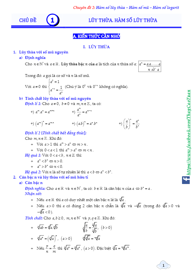 chuyên đề hàm số lũy thừa, hàm số mũ và hàm số logarit – cao tuấn