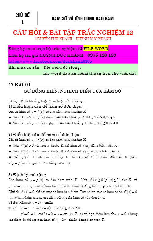 chuyên đề hàm số và ứng dụng của đạo hàm – nguyễn phú khánh, huỳnh đức khánh