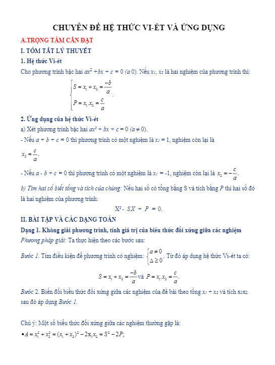 chuyên đề hệ thức vi-ét và ứng dụng