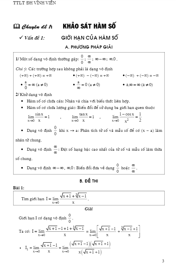 chuyên đề khảo sát hàm số – trung tâm ltđh vĩnh viễn