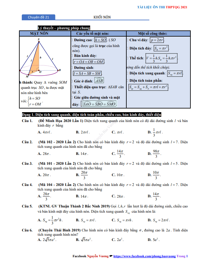 chuyên đề mặt cầu, mặt trụ, mặt nón ôn thi thpt 2021 – nguyễn bảo vương