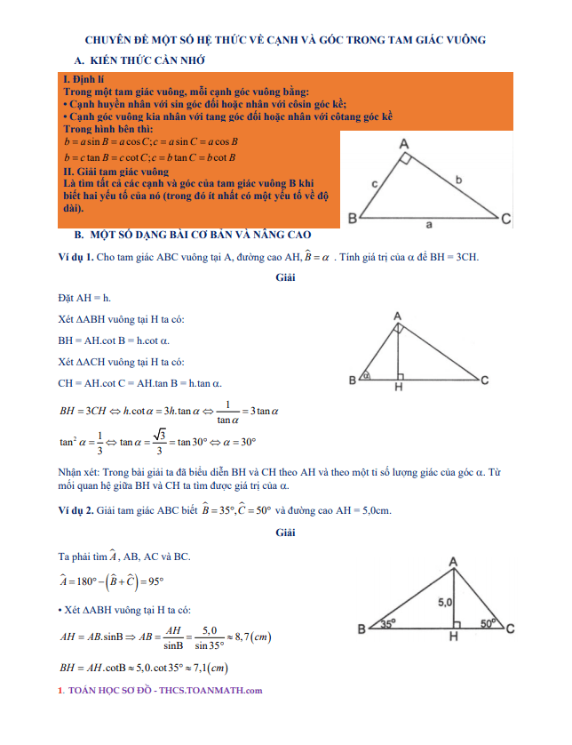 chuyên đề một số hệ thức về cạnh và góc trong tam giác vuông