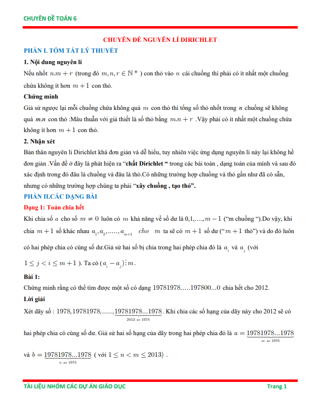 chuyên đề nguyên lí dirichlet ôn thi học sinh giỏi toán 6