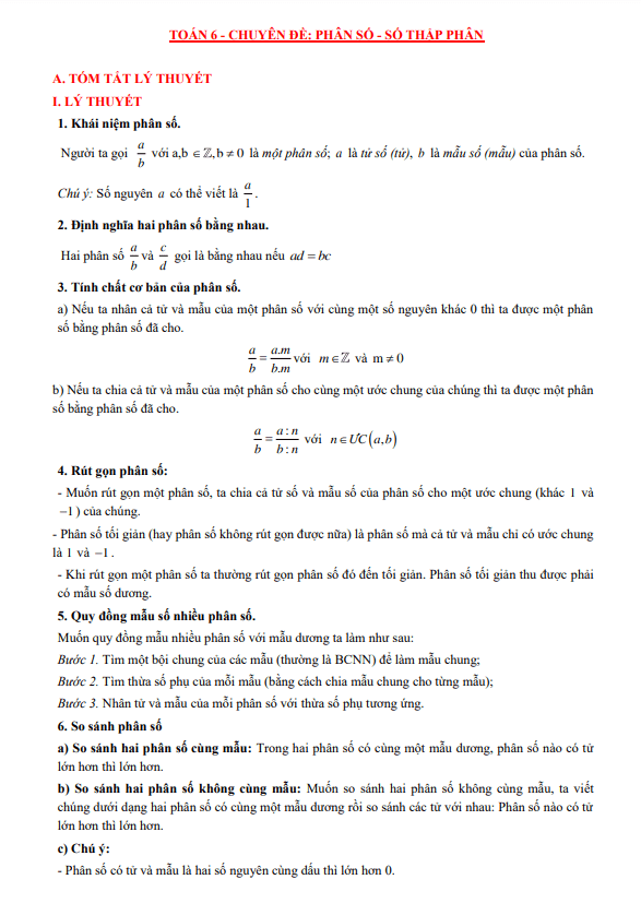 chuyên đề phân số và số thập phân theo chương trình sgk toán 6 mới