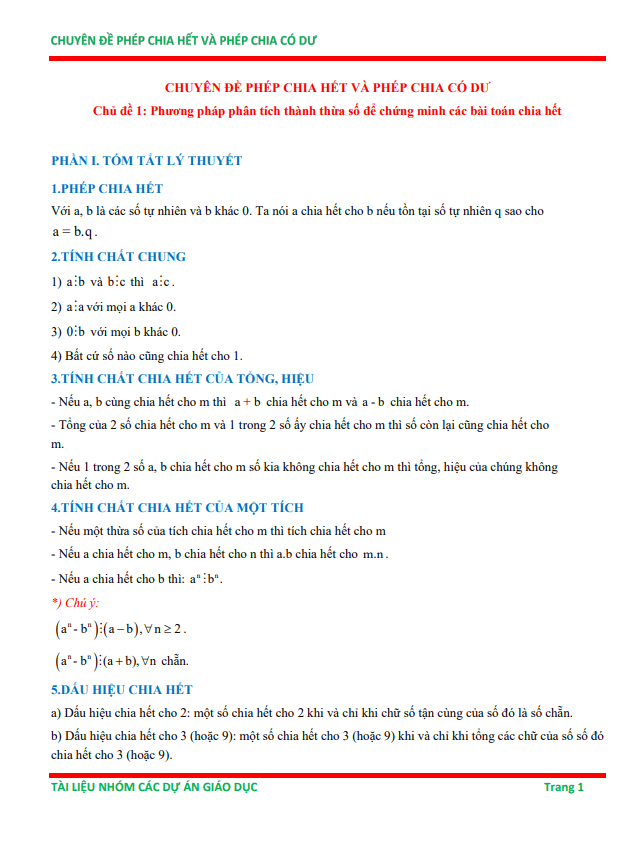 chuyên đề phép chia hết và phép chia có dư ôn thi học sinh giỏi toán 6
