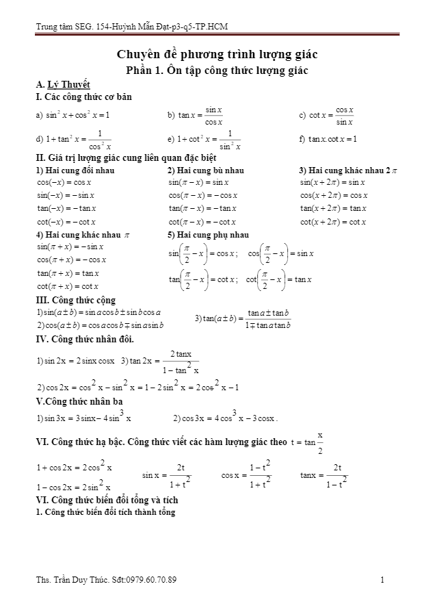 chuyên đề phương trình lượng giác – trần duy thúc