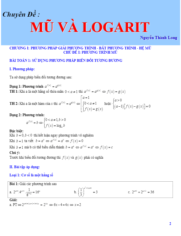 chuyên đề phương trình mũ và logarit – nguyễn thành long