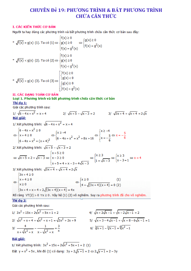 chuyên đề phương trình và bất phương trình chứa căn – nguyễn thanh vân