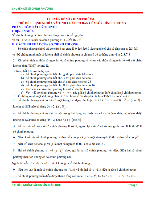 chuyên đề số chính phương ôn thi học sinh giỏi toán 6