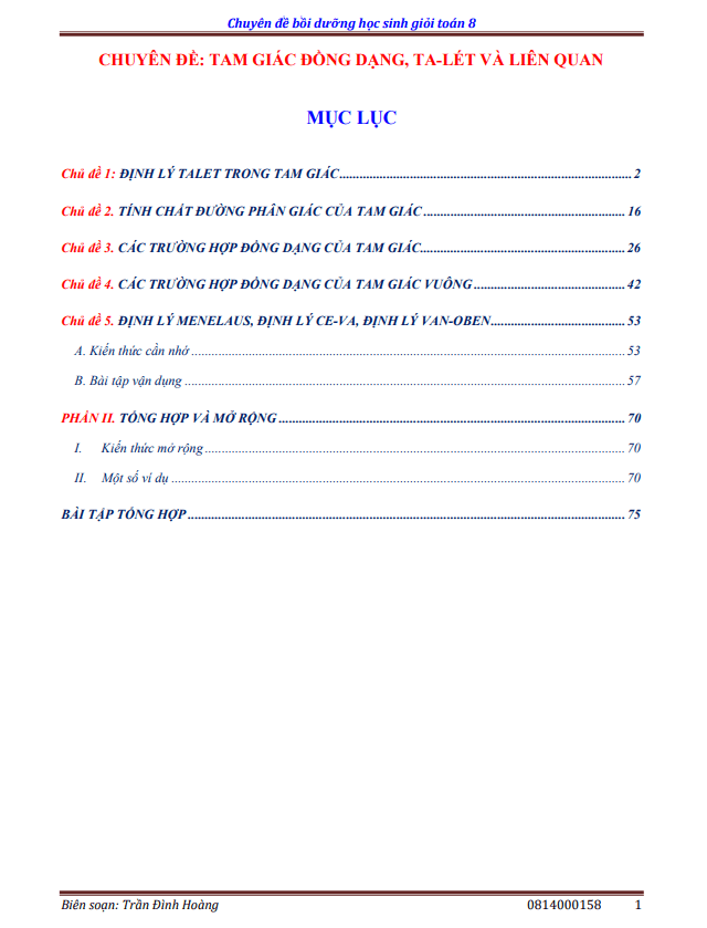 chuyên đề tam giác đồng dạng, ta-lét và liên quan bồi dưỡng học sinh giỏi toán 8