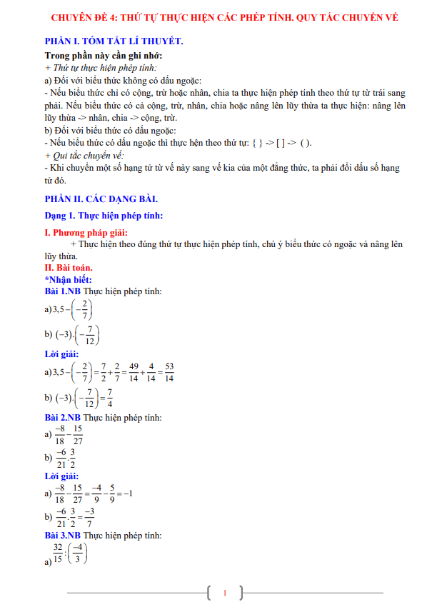 chuyên đề thứ tự thực hiện các phép tính, quy tắc chuyển vế toán 7
