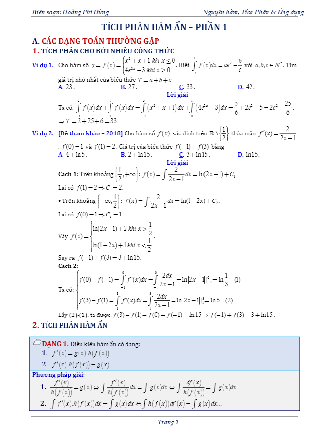 chuyên đề tích phân hàm ẩn – hoàng phi hùng