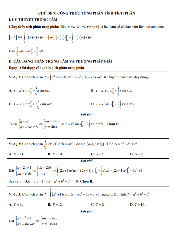 chuyên đề trắc nghiệm công thức từng phần tính tích phân