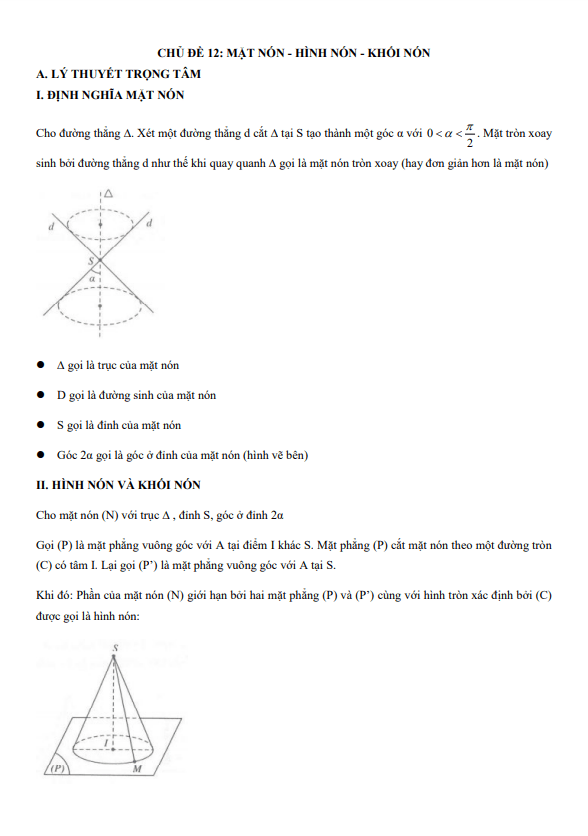 chuyên đề trắc nghiệm mặt nón, hình nón và khối nón