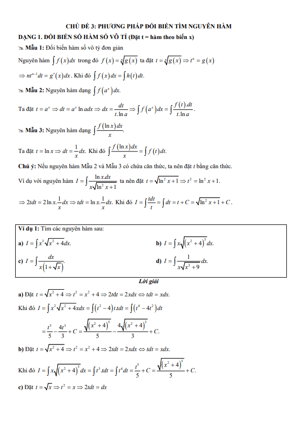 chuyên đề trắc nghiệm phương pháp đổi biến tìm nguyên hàm