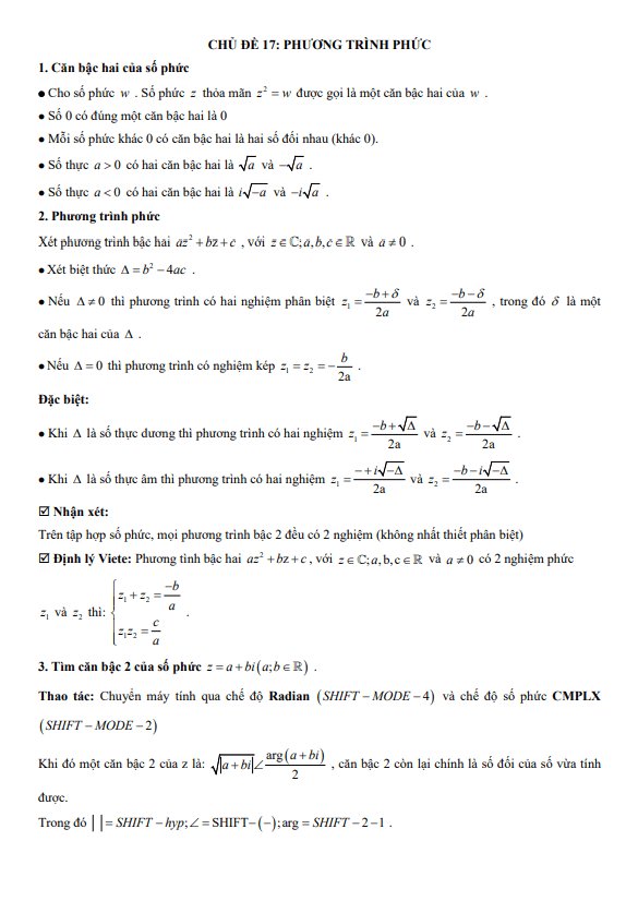 chuyên đề trắc nghiệm phương trình phức