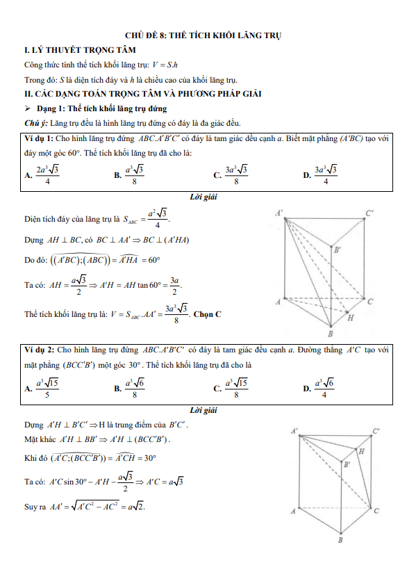 chuyên đề trắc nghiệm thể tích khối lăng trụ