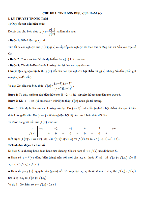 chuyên đề trắc nghiệm tính đơn điệu của hàm số