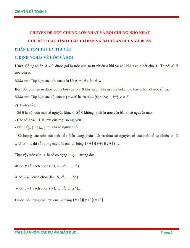 chuyên đề ước chung lớn nhất và bội chung nhỏ nhất ôn thi học sinh giỏi toán 6