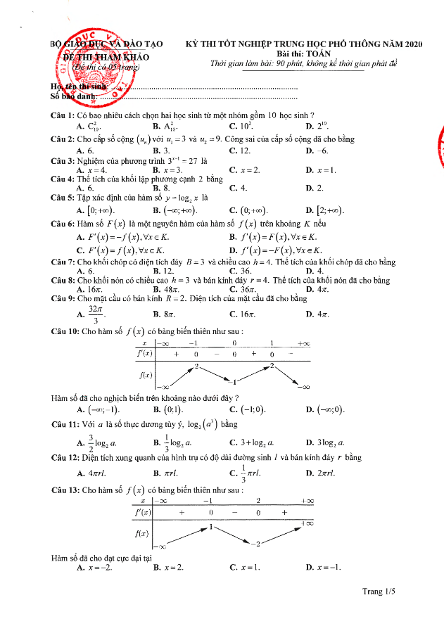 đáp án và hướng dẫn giải đề thi tham khảo tốt nghiệp thpt 2020 môn toán