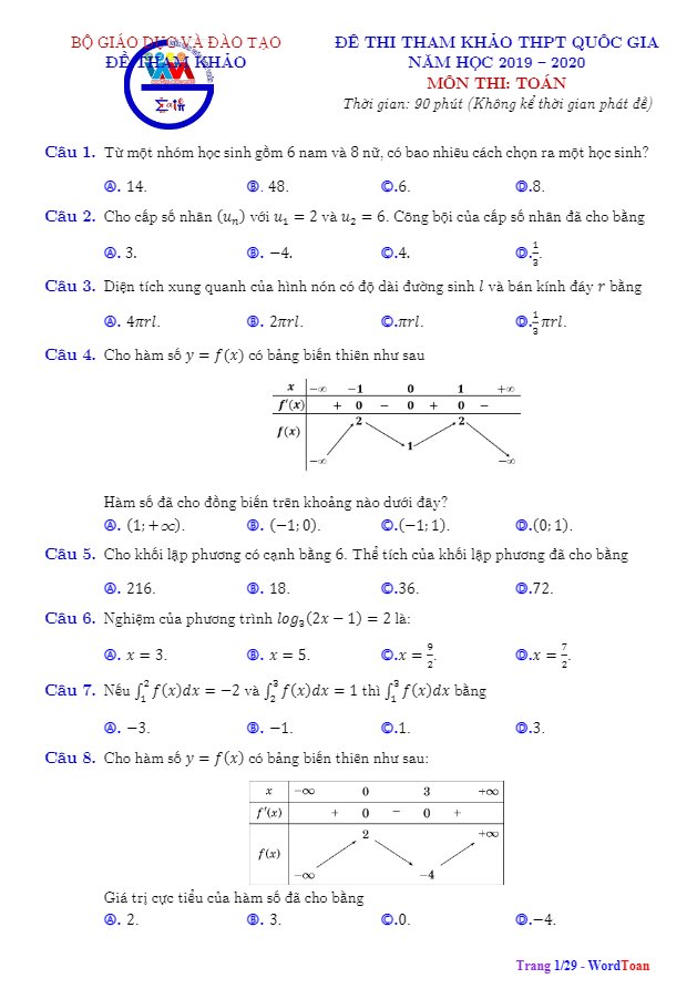 đáp án và lời giải đề tham khảo thpt quốc gia năm 2020 môn toán
