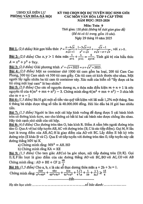 đề chọn đội dự tuyển hsg toán 9 năm 2025 – 2026 xã điền lư – thanh hóa