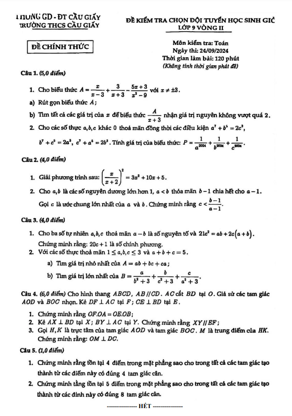 đề chọn đội tuyển hsg toán 9 vòng 2 năm 2024 – 2025 trường thcs cầu giấy – hà nội