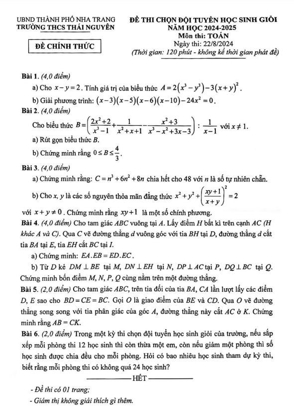 đề chọn đội tuyển hsg toán thcs năm 2024 – 2025 trường thcs thái nguyên – khánh hòa