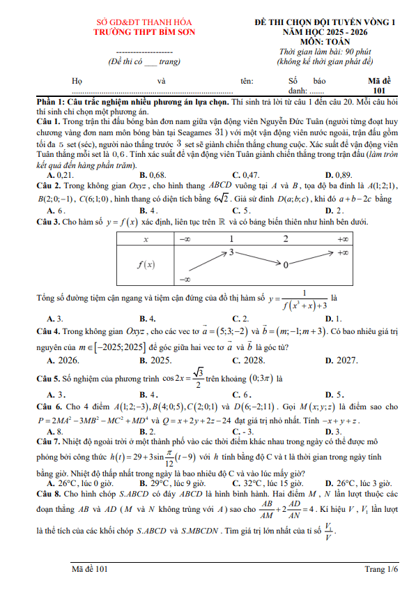 đề chọn đội tuyển hsg toán vòng 1 năm 2025 – 2026 trường thpt bỉm sơn – thanh hóa