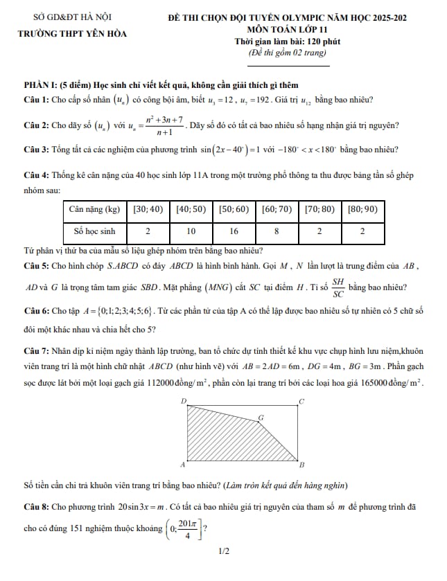 đề chọn đội tuyển olympic toán 11 năm 2025 – 2026 trường thpt yên hòa – hà nội