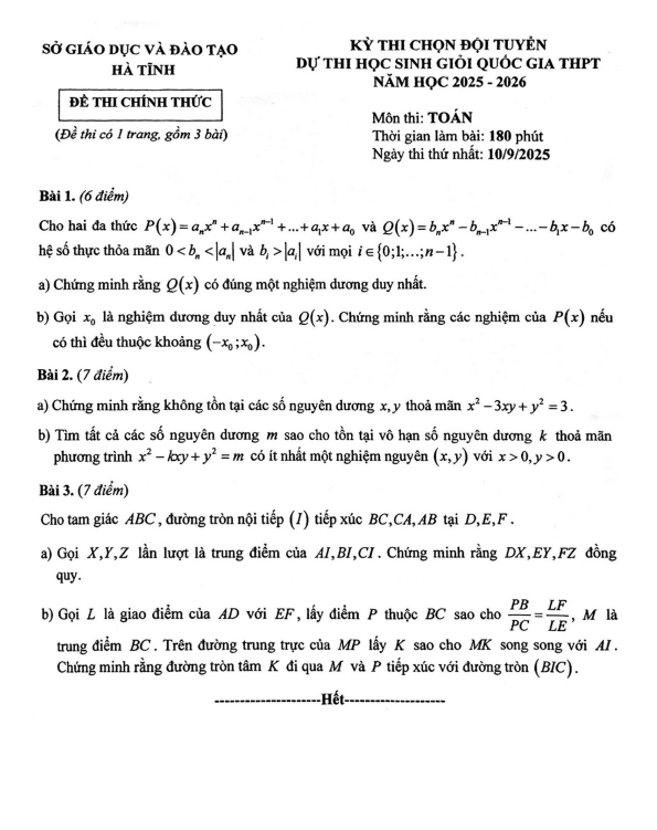 đề chọn đội tuyển thi hsg qg môn toán thpt năm 2025 – 2026 sở gd&đt hà tĩnh