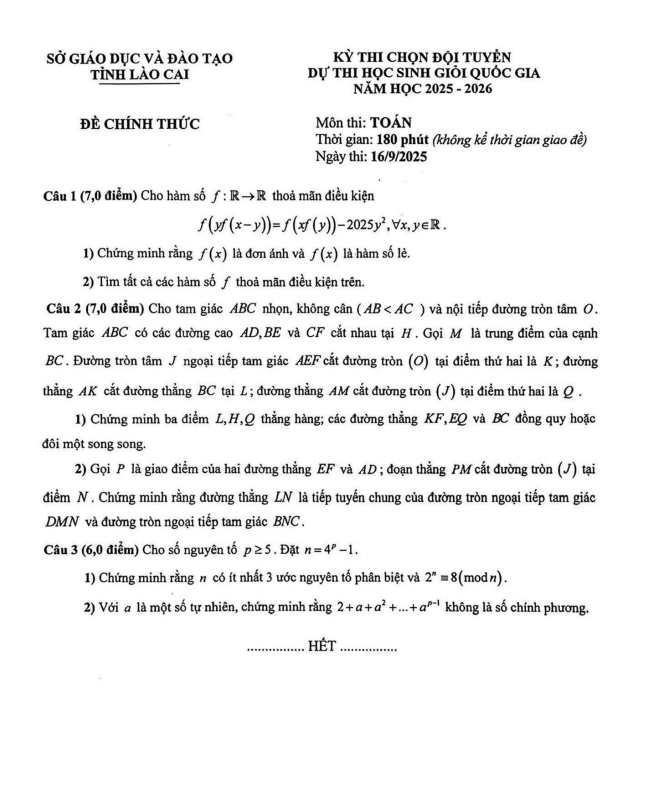 đề chọn đội tuyển thi hsg qg môn toán thpt năm 2025 – 2026 sở gd&đt lào cai