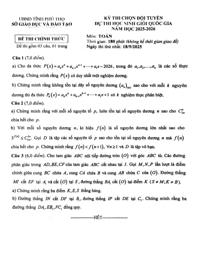 đề chọn đội tuyển thi hsg qg môn toán thpt năm 2025 – 2026 sở gd&đt phú thọ