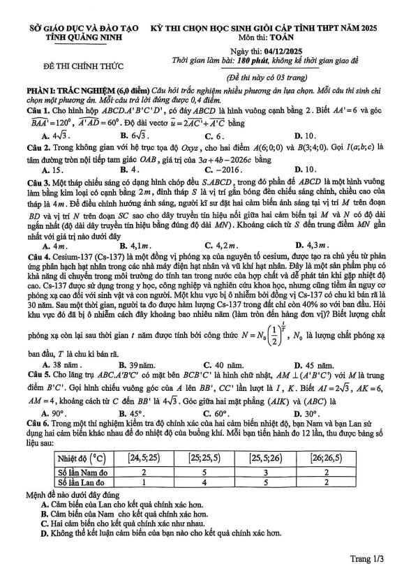 đề chọn học sinh giỏi cấp tỉnh môn toán thpt năm 2025 sở gd&đt quảng ninh