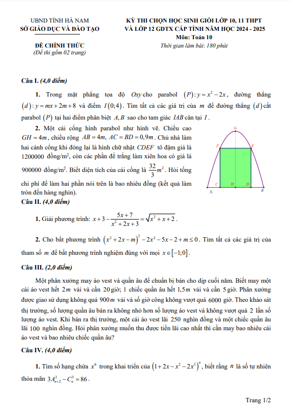 đề chọn học sinh giỏi tỉnh toán 10 năm 2024 – 2025 sở gd&đt hà nam