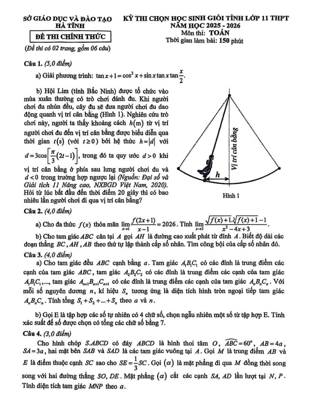 đề chọn học sinh giỏi tỉnh toán 11 năm 2025 – 2026 sở gd&đt hà tĩnh