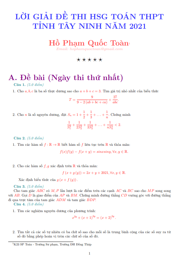 đề chọn học sinh giỏi tỉnh toán 12 năm 2021 – 2022 sở gd&đt tây ninh